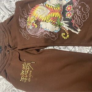 Ed Hardy Brown Joggers with Colorful Tiger Art